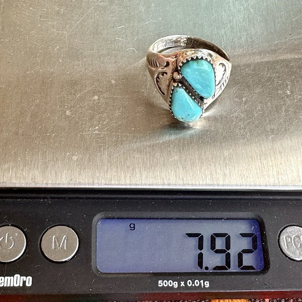 Mens Turquoise Navajo Band Sz 10.5 Two Stone Ring 21mm Signed ML Handmade Native